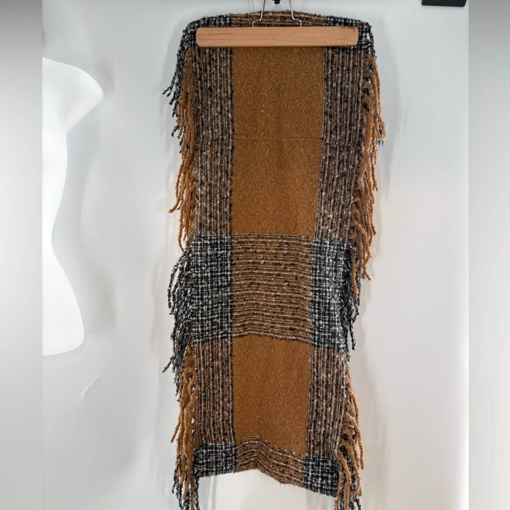 Quagga Boho Plaid Fringe Scarf - Camel, Black & Cream Woven Winter Wrap